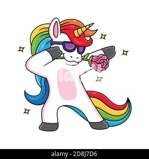 unicorno cartoon con una posa fresca con una rosa Foto Stock