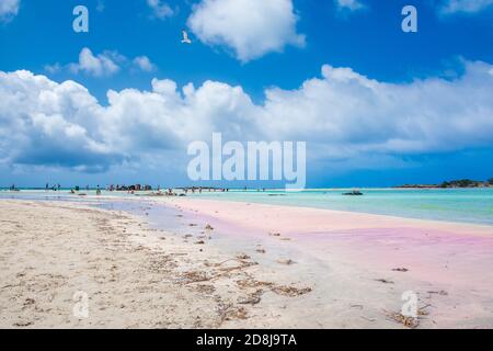 Spiaggia sabbiosa tropicale con acqua turchese, in Elafonisi, Creta, Grecia Foto Stock