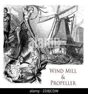 Bella immagine tipografica del capitolo anteriore di un libro d'epoca sui mulini a vento e le eliche, che convertono la potenza del vento in energia per mezzo di vele o pale Foto Stock