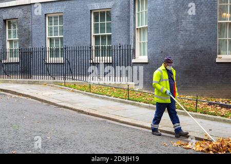 Spazzatrice stradale pulisce le foglie lontano da fuori 10 Downing Street, westminster, londra, regno unito Foto Stock