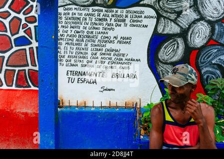 Callejón de Hamel. Il vicolo stretto è diventato un santuario per le religioni afro-cubane attraverso l'arte creata da Salvador González. Gli edifici sono fiancheggiati Foto Stock