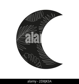 Motivo floreale a mezzaluna nero su bianco. Luna tropicale. Elemento ornamentale boho. . Illustrazione vettoriale Illustrazione Vettoriale