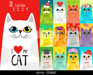 Calendario 2021 con carattere gatto. Illustrazione vettoriale EPS10 Illustrazione Vettoriale