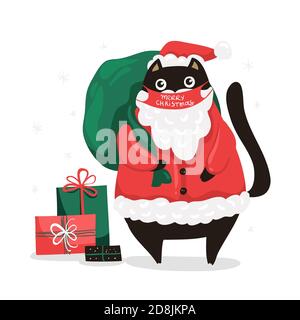 Gatto Babbo Natale con maschera coronavirus. Biglietto d'auguri, poster, volantino 2021 Illustrazione Vettoriale