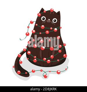 Gatto nero con lampadina di luci di ghirlanda. Gattino stella. Buon Natale. Divertente gatto Kawaii. Carino personaggio del bambino cartoon Illustrazione Vettoriale