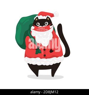 Gatto Babbo Natale con maschera coronavirus. Biglietto d'auguri, poster, volantino 2021 Illustrazione Vettoriale