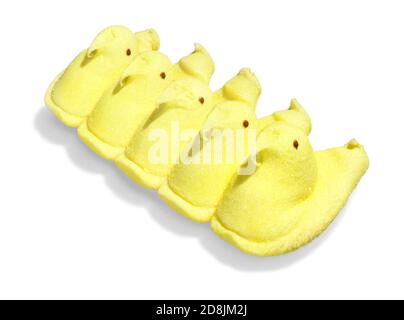Peps pulcini gialli marshmallow caramella fotografata su uno sfondo bianco Foto Stock
