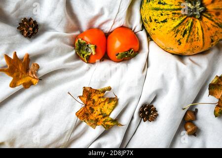 Zucca su fondo bianco vestiti. Vendemmia autunnale. Spazio di copia. Persimmons e foglie Foto Stock