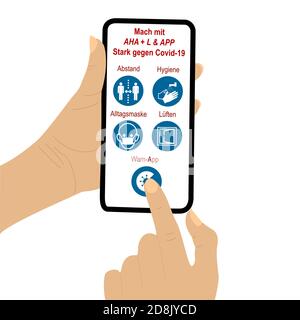 Telefono cellulare con lancetta AHA + L & APP. Il dito di una seconda mano preme un simbolo. Testo in tedesco: Unisciti, forte contro Covid-19, distanza Illustrazione Vettoriale