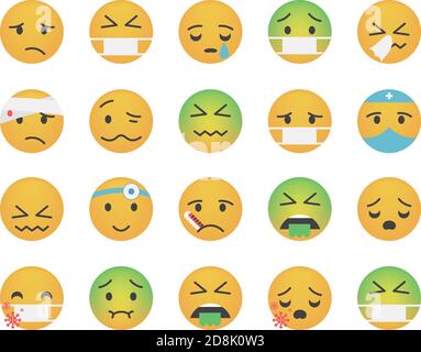 Insieme di emoticon con coronavirus o covid Illustrazione Vettoriale