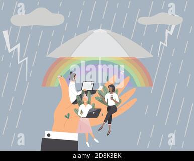 Piccoli impiegati seduti su una mano enorme sotto l'ombrello. Concetto di un buon ambiente confortevole sul lavoro, clima psicologico favorevole, retribuzione elevata Illustrazione Vettoriale