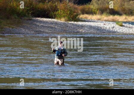 Pescatore pesca a mosca in un fiume da qualche parte nella bassa terra, B. C., Canada. Foto di scorta. Foto Stock