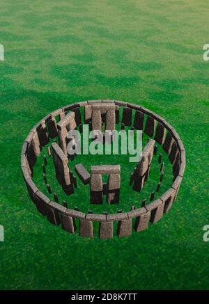 Illustrazione di uno Stonehenge intatto. Stonehenge è un'antica sistemazione di grandi pietre in piedi sulla piana di Salisbury, Regno Unito. Si ritiene che sia stato costruito intorno al 2000 a.C. da popoli neolitici. Alcune delle pietre sono pensate per formare i marcatori che indicano i punti di salita e di messa a punto per il Sole e. Foto Stock
