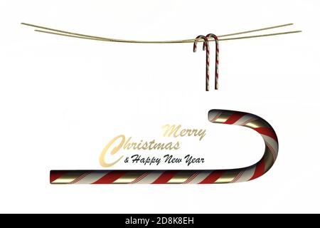 Natale Natale Natale Capodanno sfondo su bianco. Simbolo di Natale. Canne caramelle su bianco. Texte sur buon Natale Felice Anno Nuovo. Spazio di copia, isolato, bordo, intestazione. Rendering 3D Foto Stock