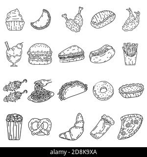 Set di icone del cibo. Stile icona Doodle disegnata a mano o Black Outline Illustrazione Vettoriale