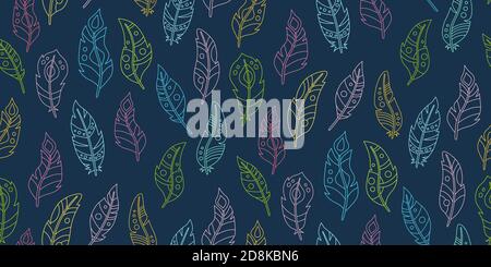 Modello senza giunture boho. Feather contorno cartoon sfondo scuro. Linea uccello piume modello. Disegno del tatuaggio disegnato a mano. Stile etnico bohémien, hipster, simboli indiani. Illustrazione vettoriale Illustrazione Vettoriale