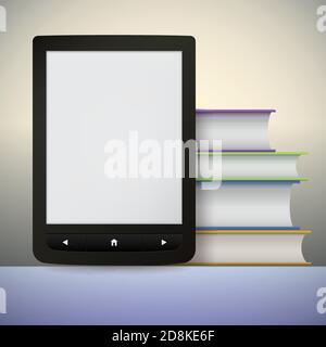 Lettore elettronico di libri con una pila di libri. È possibile aggiungere testo o foto personali. Illustrazione Vettoriale