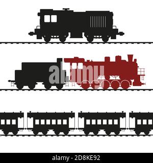Vecchie locomotive, locomotiva per shunting e locomotiva a vapore con tender Illustrazione Vettoriale