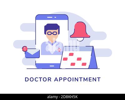 Medico appuntamento concetto profilo medici uomini sullo schermo smartpphone display calendario e-mail notifica campana bianco sfondo isolato con colore piatto Illustrazione Vettoriale