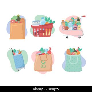 acquisti di generi alimentari, icone di set con cestino, carrello, borse con illustrazione vettoriale del cibo Illustrazione Vettoriale