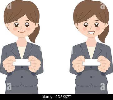Ritratto di donna di affari che indossa un vestito con i capelli della brunetta che consegna un biglietto da visita. Illustrazione vettoriale isolata su sfondo bianco. Illustrazione Vettoriale
