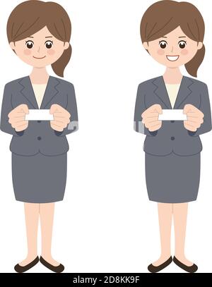 Donna di affari che indossa una gonna con i capelli della brunetta che consegna un biglietto da visita. Illustrazione vettoriale isolata su sfondo bianco. Illustrazione Vettoriale