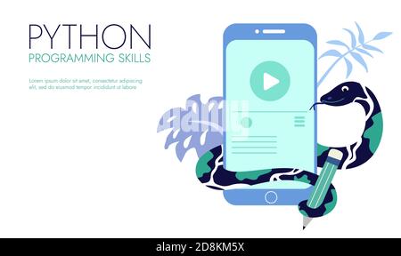 Simbolo del linguaggio del codice Python. Programmazione della codifica e sviluppo del concetto. Illustrazione Vettoriale