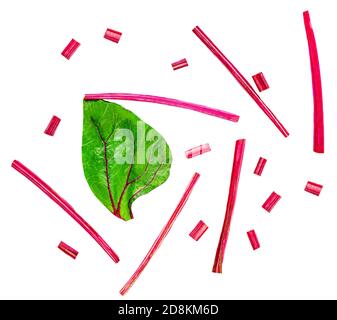Layout creativo fatto di Rhubarb fresco o Rheum con steli, foglie e pezzi tritati vegetali isolati su sfondo bianco. Vista dall'alto. Disposizione piatta Foto Stock