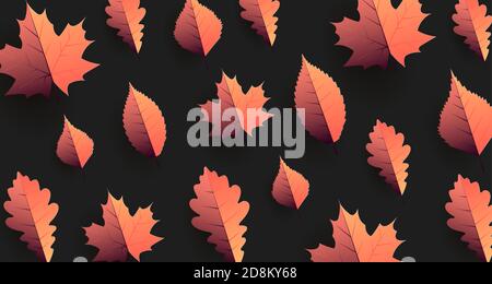 Autunno sfondo stagionale con foglie di autunno su sfondo scuro, carta taglio origami illustrazione Illustrazione Vettoriale