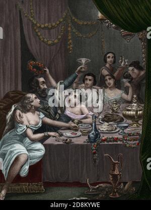 Alessandro VI (1431-1503) celebra il matrimonio della figlia Lucrezia Borgia con 50 cortigiani in Vaticano Foto Stock