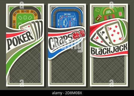 Insieme vettoriale di disposizioni di gioco con spazio di copia, 3 volantini decorativi con illustrazione dei tavoli da gioco vista dall'alto, raccolta di cartelli verticali Illustrazione Vettoriale