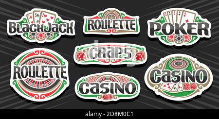 Vector Set of Gambling Logos, 7 etichette isolate con illustrazione di simboli di gioco, collezione di cartelloni decorativi con design vintage fiorire Illustrazione Vettoriale