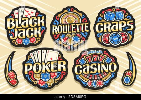 Insieme vettoriale di Loghi di gioco, 7 badge isolati con illustrazione di simboli di gioco, collezione di pannelli decorativi con design retrò fiorisce Illustrazione Vettoriale