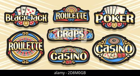 Vector Set of Gambling Logos, 7 etichette isolate con illustrazione di simboli di gioco, collezione di cartelloni decorativi con design vintage fiorire Illustrazione Vettoriale