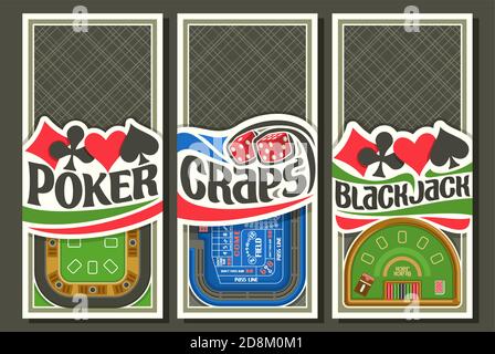 Insieme vettoriale di disposizioni di gioco con copyspace, 3 volantini decorativi con illustrazione di tavoli da gioco vista dall'alto, raccolta di tavole verticali di segno Illustrazione Vettoriale