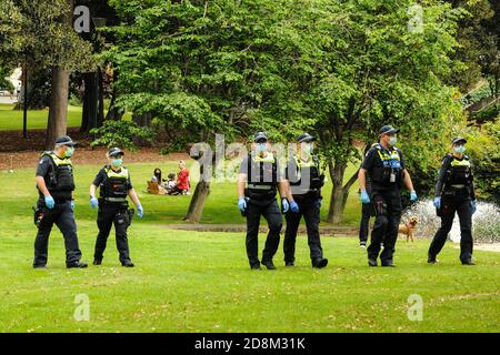 Melbourne, Australia 31 ottobre 2020, la polizia si muove in fila mentre una famiglia picnics in Treasury Gardens come parte di un'azione di polizia per interrompere un piccolo numero di proteste anti-governo. Credit: Michael Currie/Alamy Live News Foto Stock