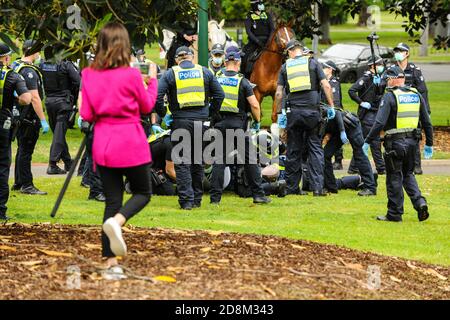 Melbourne, Australia 31 Ott 2020, un gruppo di poliziotti lottano con un uomo a terra mentre tentano di ammancarlo dopo aver preso l'azione finale per porre fine alla protesta e sanare tutti i manifestanti. Credit: Michael Currie/Alamy Live News Foto Stock