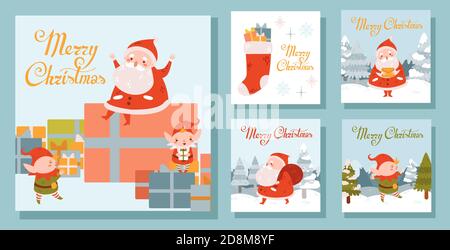 Set di illustrazioni della piazza di Natale con Santa e elfi. Paesaggio invernale Illustrazione Vettoriale