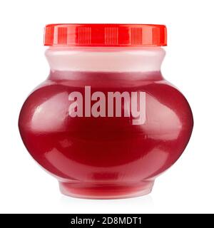 Vasetto di salsa di pomodoro su sfondo bianco. Il file contiene il percorso di ritaglio. Foto Stock