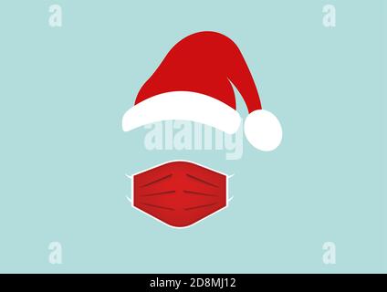 Etichetta testa Babbo Natale con maschera chirurgica e cappello rosso. Gold Merry Christmas, design con logo Babbo Natale per la protezione del coronavirus, maschera di attenzione Illustrazione Vettoriale