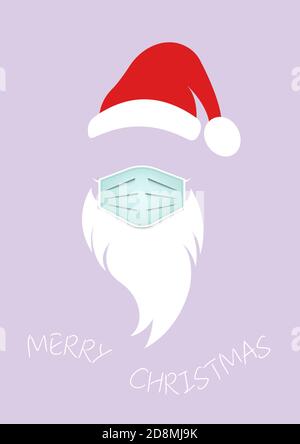 Etichetta testa Babbo Natale con maschera chirurgica, cappello rosso e barba bianca. Buon Natale Babbo Natale logo design coronavirus protezione, vettore isolato Illustrazione Vettoriale