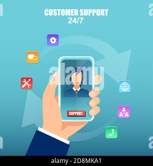 Concetto di assistenza clienti e supporto tecnico. Vettore di uno smartphone che tiene la mano con operatore sullo schermo. Illustrazione Vettoriale