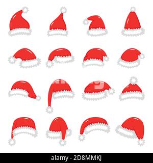 Set di cappelli rossi Babbo Natale isolati su sfondo bianco illustrazione Illustrazione Vettoriale