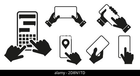 Set di icone per le mani dello smartphone. Illustrazione in bianco e nero. Foto Stock