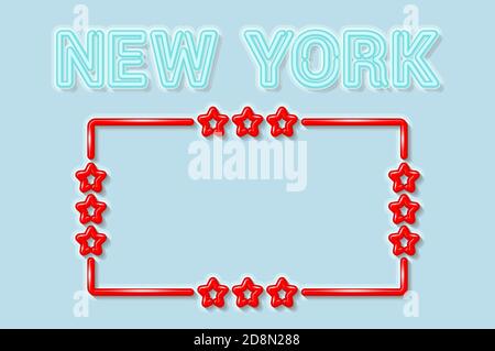 Le lettere blu chiaro al neon di New York si spengono. Cornice rossa lucida con stelle. Ombre morbide. Sfondo azzurro. Illustrazione. Foto Stock