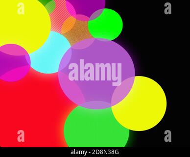 Cerchi di colore neon con motivi su sfondo nero Foto Stock