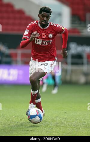 Bristol, Regno Unito. 31 Ott 2020. Tireeq Bakinson di Bristol City durante la partita EFL Sky Bet Championship tra Bristol City e Norwich City ad Ashton Gate, Bristol, Inghilterra, il 31 ottobre 2020. Foto di Dave Peters. Solo per uso editoriale, è richiesta una licenza per uso commerciale. Nessun utilizzo nelle scommesse, nei giochi o nelle pubblicazioni di un singolo club/campionato/giocatore. Credit: UK Sports Pics Ltd/Alamy Live News Foto Stock