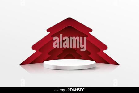 Display 3D bianco cerchio podio con albero di Natale in stile taglio carta. Illustrazione vettoriale Illustrazione Vettoriale