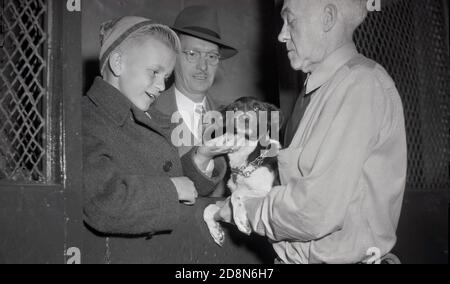 1948, storico, accompagnato dal padre, il volto di un ragazzo si illumina mentre viene mostrato un piccolo cane di salvataggio 'Collie' tenuto da un gestore maschile presso l'ASPCA, la famosa casa di cani e di animali della città di New York, fondata a New York, USA nel 1866. Foto Stock