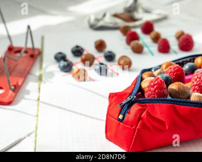 Concetto di pranzo scolastico. Portamatite confezionata con frutti di bosco, noci, penne colorate e matite e punta di TAC con lamponi, mirtilli e nocciole. Foto Stock